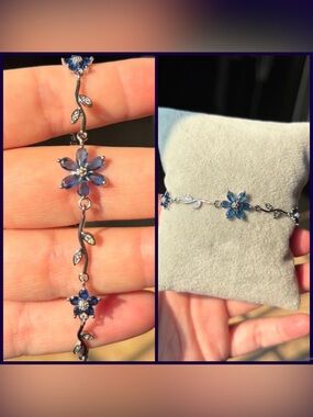 Delicate Blue Floral Bracelet - Silver Tone